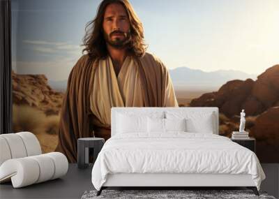 Jesus Christ in the desert of temptation facing his enemy Generative AI Illustration Wall mural