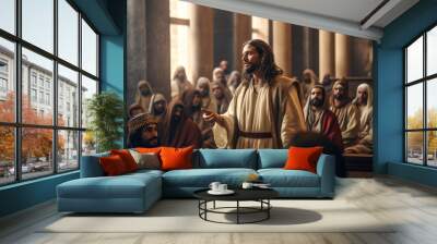 Jesus Christ preaching to the people and to pharisees in the Sanhedrin Generative AI Illustration Wall mural