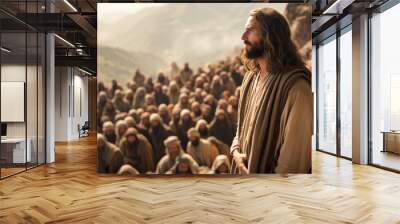 Jesus speaking to the people by parables on the mountain in the midst of nature Generative AI Illustration Wall mural