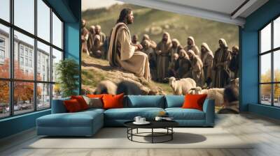 Jesus speaking to the people by parables on the mountain in the midst of nature Generative AI Illustration Wall mural