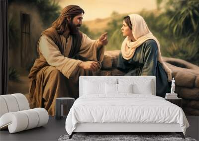 Jesus speaking to the Samaritan woman next to the well giving hope for eternal life Generative AI Illustration Wall mural