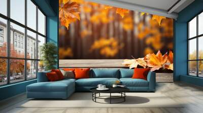 Maple leaves background with natural falling yellow and orange leaves and a wooden table Generative AI Illustration Wall mural