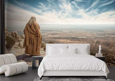 Moses sitting on the Nebo hill watching from afar the promised land Generative AI Illustration Wall mural