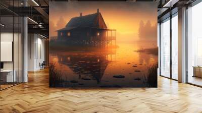 Painting of a wooden house by the river in dawn of the sun with a misty haze Wall mural