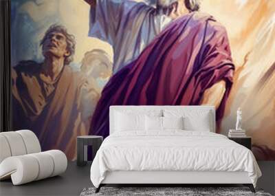 Painting of an old prophet of God with white beard looking at the sky Wall mural