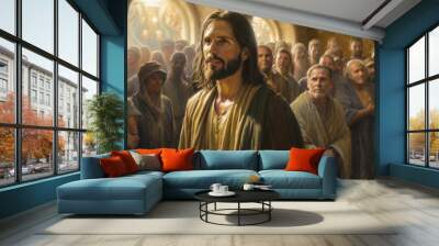 Painting of Jesus together with the disciples and the crowd in prayer to the Father Generative AI Illustration Wall mural