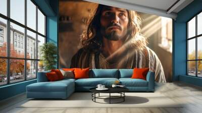 Portrait of Jesus Christ in a carpentry environment with sun rays lighting effect Generative AI Illustration Wall mural