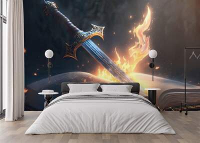 The Bible Word of God Sword with Fire Effects the Gospel of Salvation Generative AI Illustration Wall mural