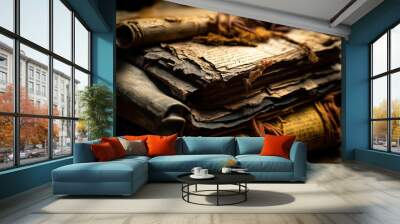 Very old manuscripts and parchment Holy Scriptures books with some degradation by the action of time Generative AI Illustration Wall mural