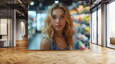 A blonde woman in casual attire looking forward in a grocery store aisle Wall mural