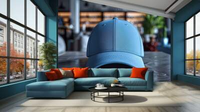 A blue cap rests on a marble table in a chic, modern interior space with soft lighting, emphasizing the harmonious blend of fashion accessories and modern décor. Wall mural