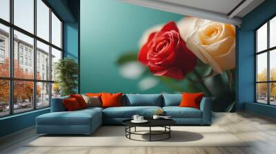 A captivating close-up shot of roses in red, yellow, and white hues, showcasing their exquisite textures and making a bold, romantic statement. Wall mural