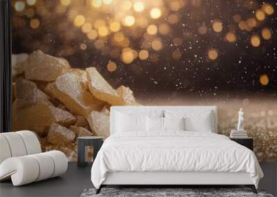 A captivating pile of gold stones sparkles brightly against a blurred bokeh backdrop, providing a sense of luxury and elegance in a contemporary artistic composition. Wall mural