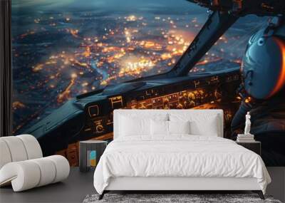 A captivating view from a plane's cockpit overlooking the glowing city lights below during a night flight Wall mural