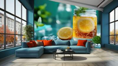 A chilled glass of sparkling lemon soda with ice cubes and fresh mint garnish, set against a cool blue background, radiating a refreshing summer vibe. Wall mural