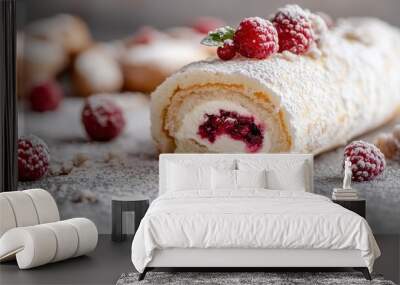 A close-up image of a delicious cream roll dessert filled with berries and topped with powdered sugar, capturing the sumptuousness and inviting appearance of the treat. Wall mural