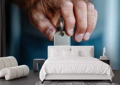 A close-up of a hand holding a metallic key, symbolizing concepts of access, security, and control, with a focus on the texture and detail of the key. Wall mural