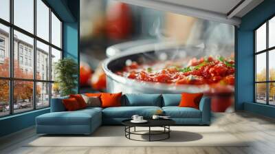 A close-up of a rich tomato basil sauce simmering in a pan with steam rising, set in a bustling kitchen environment, evoking comfort and home-cooked goodness. Wall mural