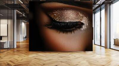 A close-up shot focusing on a woman's eye adorned with glittery gold eye shadow and dramatic eyelashes, highlighting the intricate details of her makeup. Wall mural