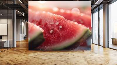 A close-up showcasing tender watermelon slices, glistening with fresh water droplets, capturing the juicy and luscious texture of the fruit perfect for summer refreshment. Wall mural