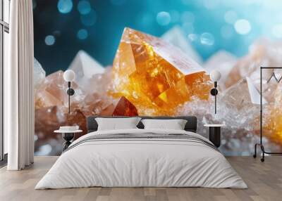 A collection of assorted gemstones displays brilliant reflections and colors, illustrating the natural beauty and diversity of crystalline minerals against a blurred backdrop. Wall mural