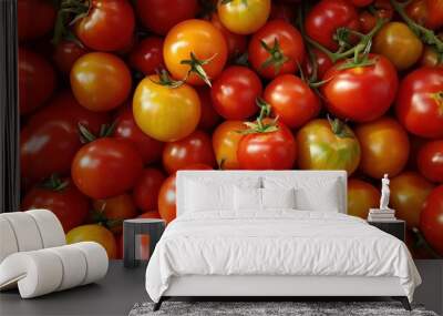 A collection of tomatoes in varied hues, from deep reds to soft yellows, depicting the vibrant diversity of nature. The image is a celebration of organic beauty. Wall mural