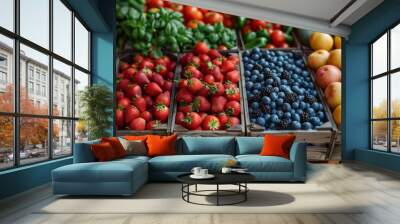 A colorful and fresh assortment of fruits with strawberries, blueberries, blackberries and tomatoes presented on wooden crates in a market setting Wall mural