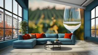 A crystal clear wine glass with a scenic view of a lush vineyard, blending the charm of fine glassware and the tranquility of natural landscapes. Ideal for wine aficionados. Wall mural