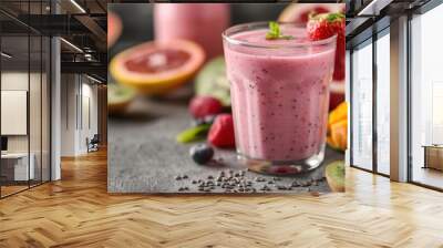 A delectable pink smoothie in a clear glass surrounded by an assortment of tropical fruits such as strawberries, kiwi, papaya, and grapefruit, topped with a sprig of mint. Wall mural