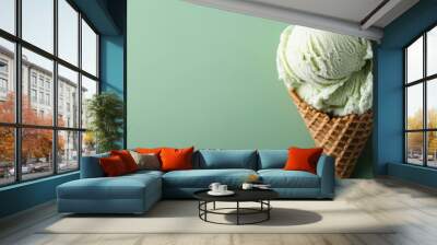 A delicious waffle cone featuring two scoops of mint ice cream, garnished with fresh mint leaves, presented against a soft green background for a refreshing look. Wall mural