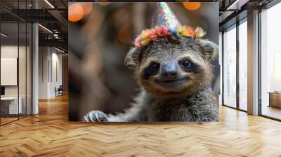 A delightful image of an adorable sloth wearing a colorful, glittery party hat with tinsel, perfectly capturing its playful and joyful spirit, set against a bokeh background. Wall mural