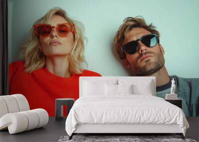 A fashionable couple in sunglasses is posed with relaxed expressions, leaning against a plain light background, dressed in casual yet trendy attire in warm tones. Wall mural