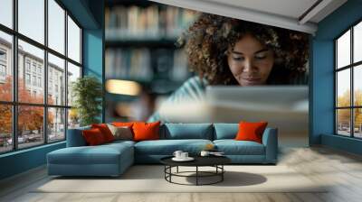 A focused woman reads a book in a well-stocked library surrounded by bookshelves. The scene emphasizes study, knowledge, concentration, and a love for learning within a tranquil space. Wall mural