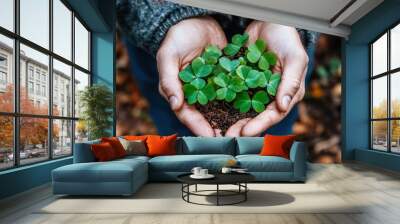 A gardener's hands present earthy clovers held gently with soil, beautifully illustrating humankind's connection with nature and the nurturing of plant life. Wall mural