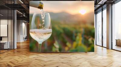 A glass being filled with white wine against the beautiful backdrop of a vineyard at sunset, symbolizing rustic charm, relaxation, and the enjoyment of fine wine. Wall mural