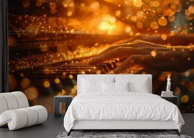 A hand playing piano keys with golden sparks flying, creating a magical, artistic atmosphere Wall mural