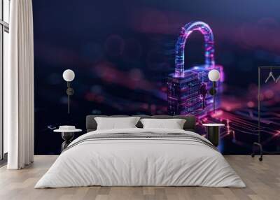 A highly detailed digital padlock resting on a circuit board, illuminated by colorful lighting, symbolizing cybersecurity, protection, and data privacy in the digital age. Wall mural