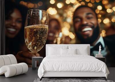 A joyful man in a tuxedo holds a champagne glass, smiling, surrounded by bokeh lights, embodying celebration, luxury, and happiness. Wall mural