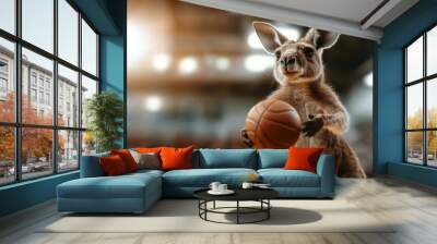 A lively kangaroo energetically bounces a basketball on a court, a playful expression on its face surrounded by the blurred buzz of a busy gymnasium. Wall mural