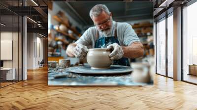 A man deeply engaged in crafting pottery in his studio highlights the devotion and skill involved in creating beautiful and unique ceramic pieces by hand. Wall mural