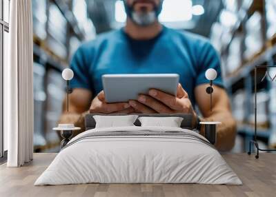 A man dressed in casual blue attire holds a tablet in a warehouse, engaging in work tasks amidst a background of shelves, indicating digital inventory management. Wall mural