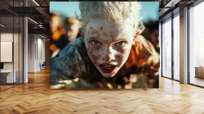 A person is seen crawling through a field with intense focus during daytime. The image captures determination, struggle, and the connection with nature and outdoor elements. Wall mural