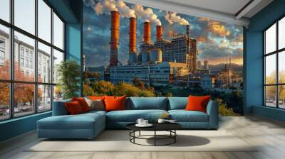 a power plant against a striking sunset, symbolizing energy production amidst nature’s calm Wall mural