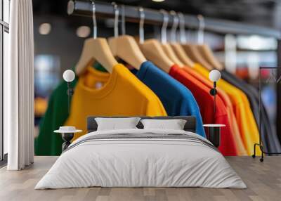 A row of vibrant T-shirts in assorted shades on display in a retail store, reflecting the urban style and modern fashion diversity for shoppers. Wall mural