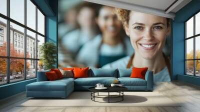 A smiling barista woman standing proudly with a row of coffee cups behind her, symbolizing happiness and passion in her work within a lively café environment. Wall mural