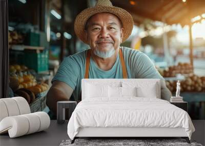 A smiling elderly man wearing a straw hat and apron is seen at a market stall offering fresh fruit juice, symbolizing warmth, hospitality, and freshness. Wall mural