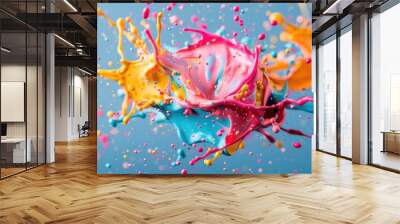 A stunning whirl of pink, yellow, and blue paint creates an energetic mid-air explosion, symbolizing the burst of creativity and emotion in a modern art piece. Wall mural