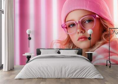 A stylish girl models a pink outfit, glasses, and beanie against a neon pink background. The modern composition highlights both fashion and individuality. Wall mural