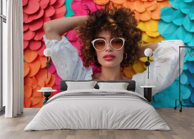 A stylish woman with curly hair and sunglasses poses confidently against a vibrant, colorful flower backdrop, reflecting fashion, self-expression, and summer vibes. Wall mural