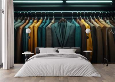 A variety of suits in different colors hang neatly on a clothing rack, showcasing a vibrant selection of formal attire under a bright overhead light. Wall mural